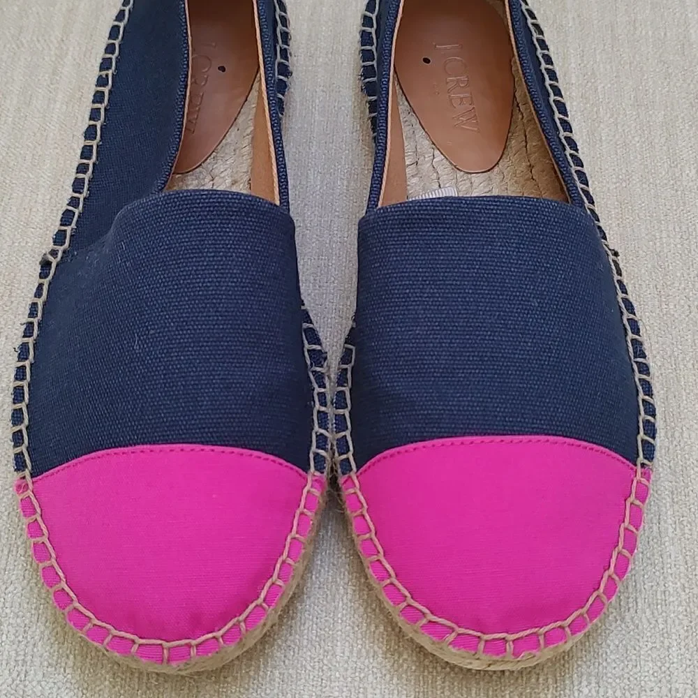 J. Crew Navy Blue Canvas Slip On Espadrilles Flats with Pink Cap Toe Size 6